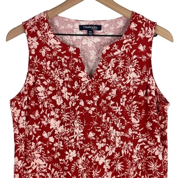 Chadwicks of Boston Dress Medium PETITE Red Floral Print Washable Linen Midi - Picture 2 of 9